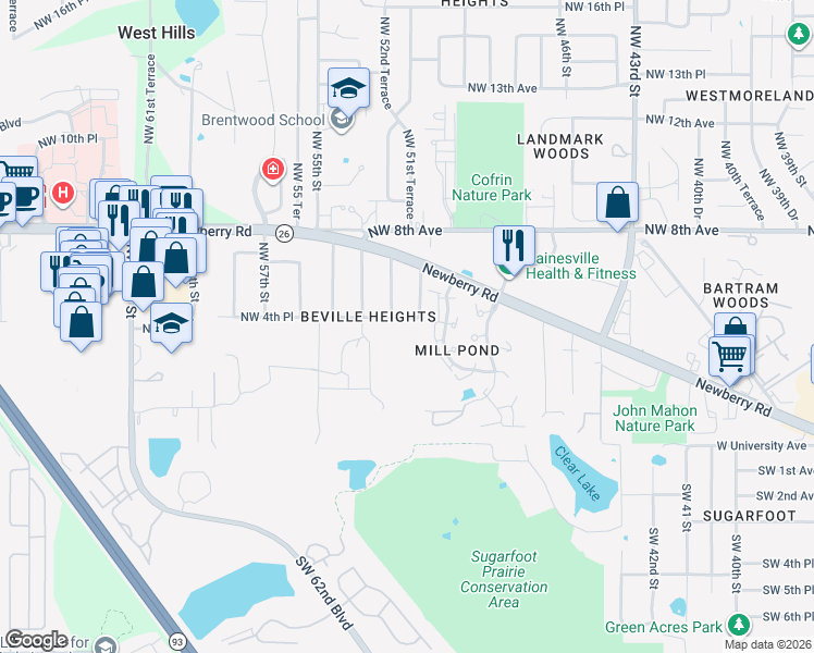 map of restaurants, bars, coffee shops, grocery stores, and more near 2707 Northwest 4 Place in Gainesville