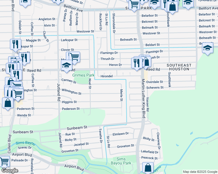 map of restaurants, bars, coffee shops, grocery stores, and more near 5310 Carmen Street in Houston