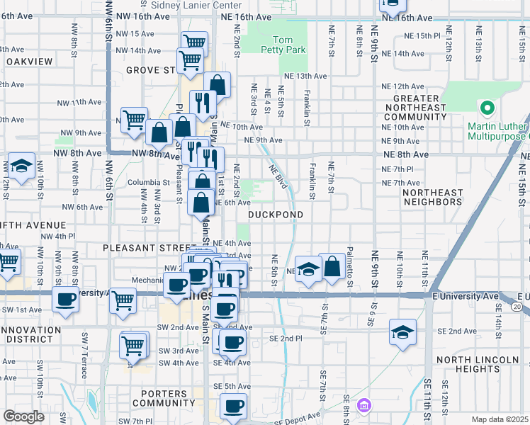 map of restaurants, bars, coffee shops, grocery stores, and more near 403 Northeast 6 Avenue in Gainesville