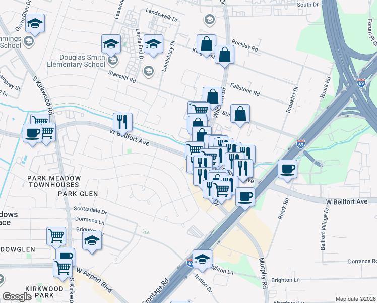 map of restaurants, bars, coffee shops, grocery stores, and more near 10934 West Bellfort Street in Houston
