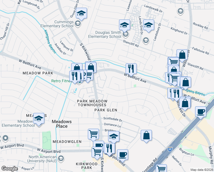 map of restaurants, bars, coffee shops, grocery stores, and more near 11530 Dunfield Lane in Houston