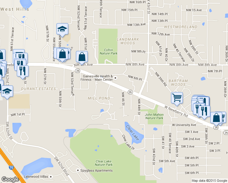 map of restaurants, bars, coffee shops, grocery stores, and more near 429 Northwest 48th Boulevard in Gainesville