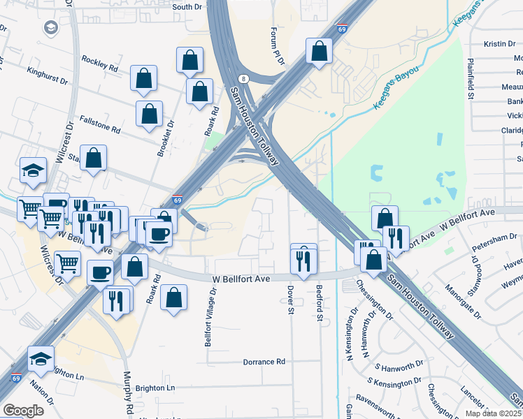 map of restaurants, bars, coffee shops, grocery stores, and more near 11500 Keegans Ridge Road in Houston