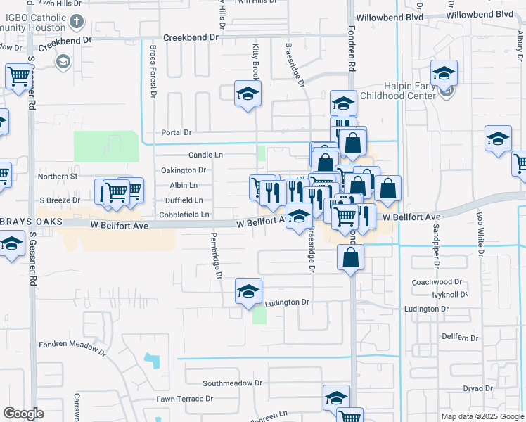 map of restaurants, bars, coffee shops, grocery stores, and more near 7770 West Bellfort Avenue in Houston