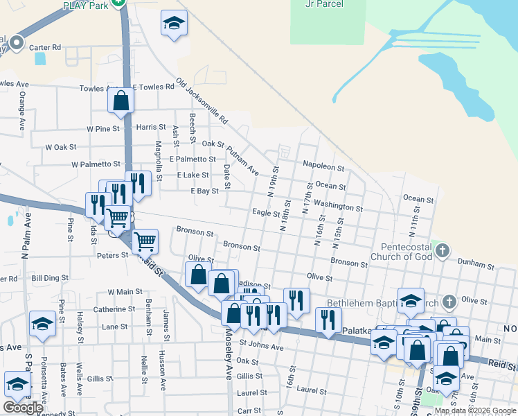 map of restaurants, bars, coffee shops, grocery stores, and more near 1904 Eagle Street in Palatka