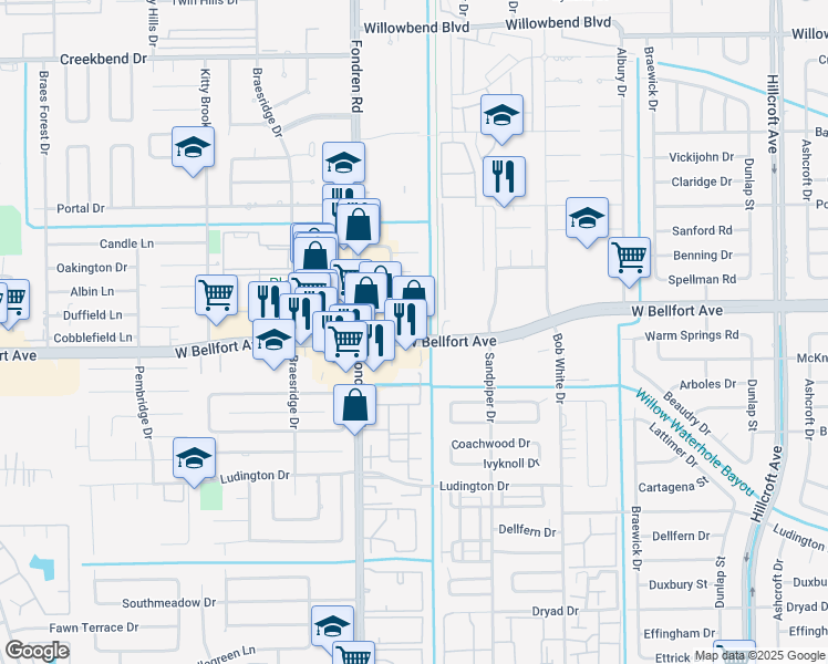 map of restaurants, bars, coffee shops, grocery stores, and more near 6550 West Bellfort Avenue in Houston