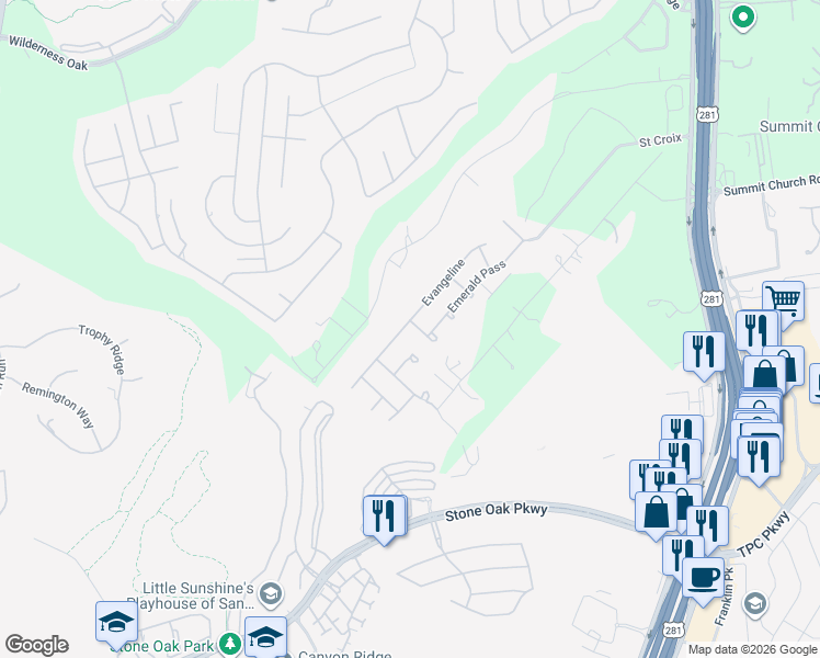 map of restaurants, bars, coffee shops, grocery stores, and more near 1702 Dancing Eagle in San Antonio