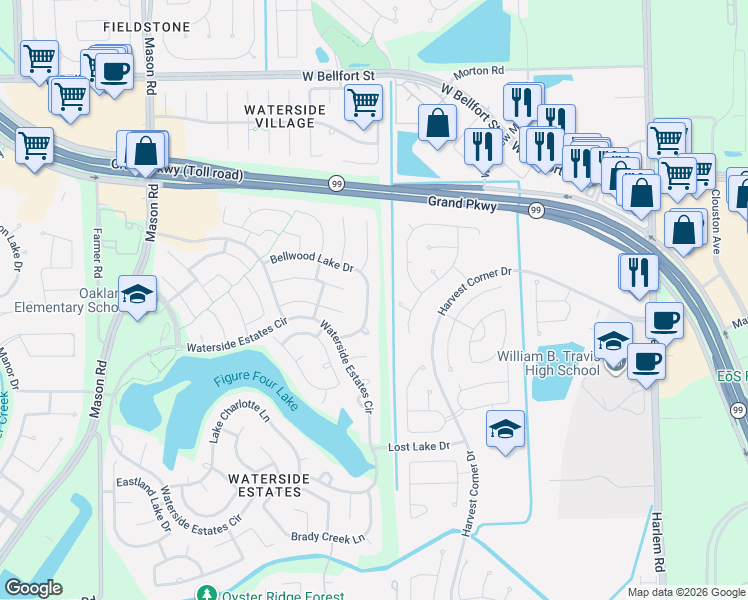 map of restaurants, bars, coffee shops, grocery stores, and more near 4422 Toledo Bend Drive in Richmond