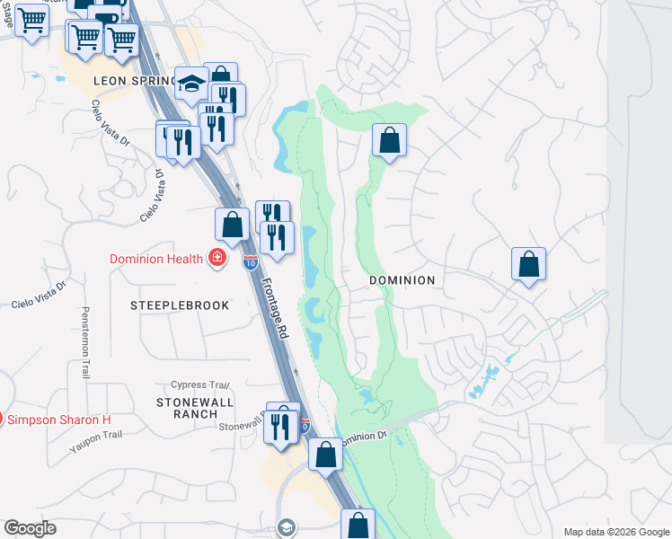 map of restaurants, bars, coffee shops, grocery stores, and more near 43 Champions Ln in San Antonio