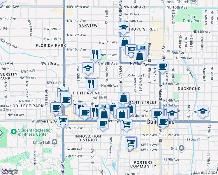 map of restaurants, bars, coffee shops, grocery stores, and more near 528 Northwest 7th Street in Gainesville