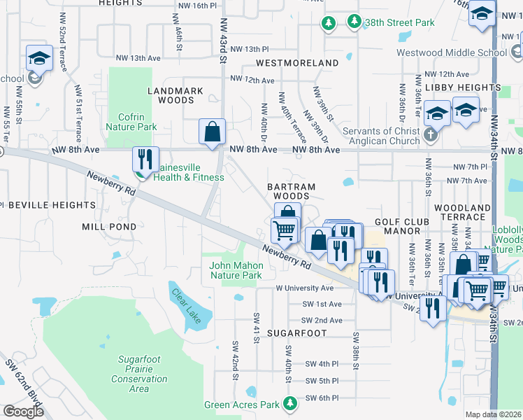 map of restaurants, bars, coffee shops, grocery stores, and more near 557 Northwest 39th Road in Gainesville