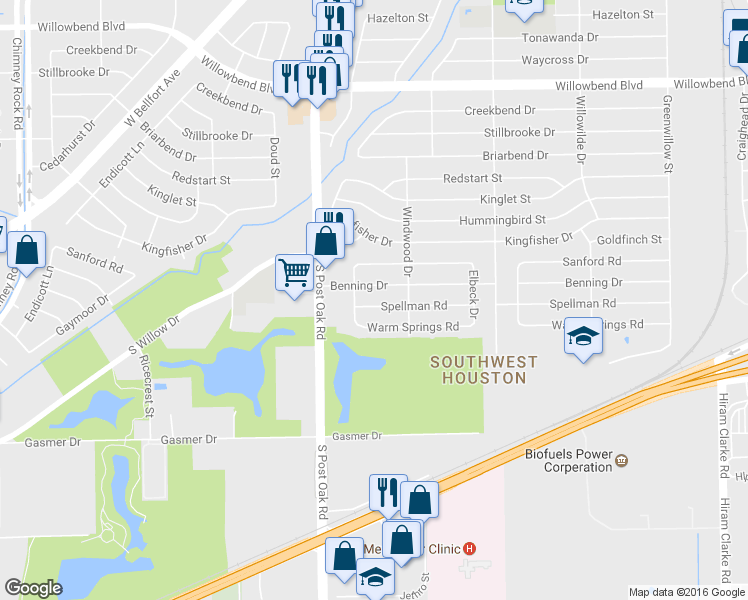 map of restaurants, bars, coffee shops, grocery stores, and more near 4826 Spellman Road in Houston