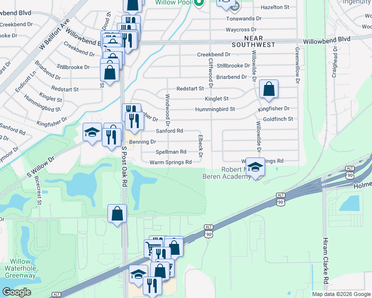 map of restaurants, bars, coffee shops, grocery stores, and more near 4722 Spellman Road in Houston