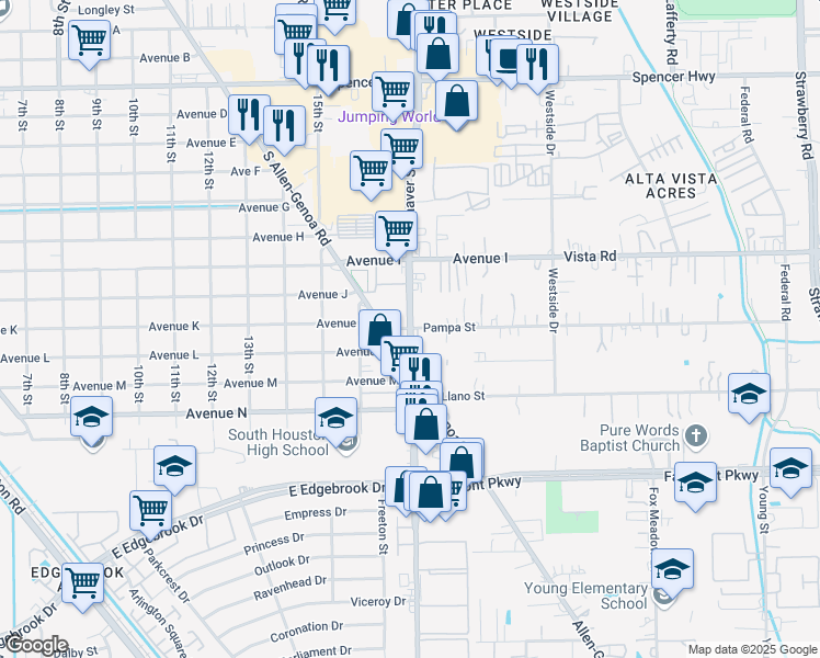 map of restaurants, bars, coffee shops, grocery stores, and more near 198 Pampa Street in South Houston