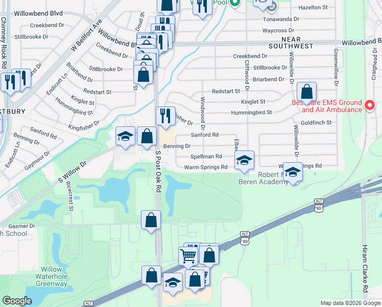 map of restaurants, bars, coffee shops, grocery stores, and more near 4826 Spellman Road in Houston