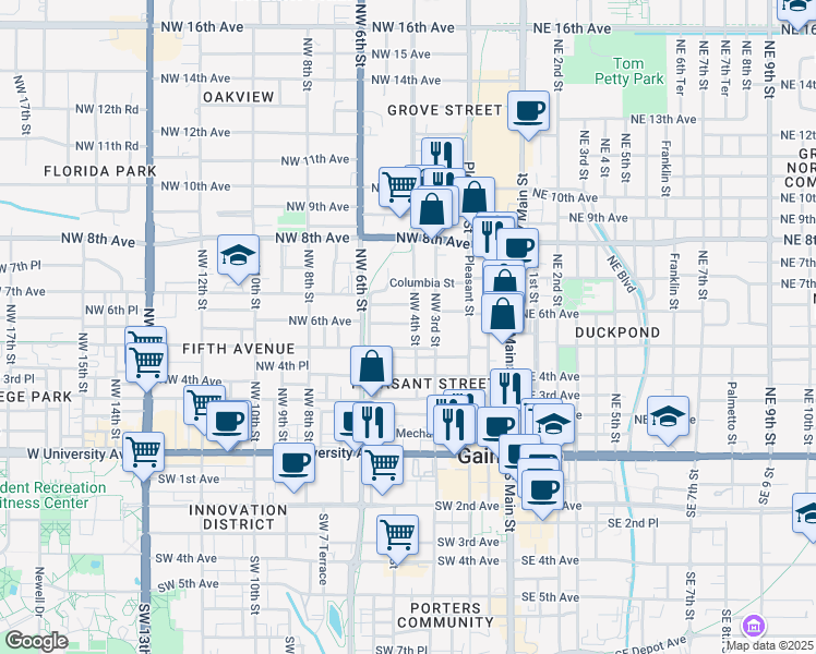 map of restaurants, bars, coffee shops, grocery stores, and more near 407 Northwest 6th Avenue in Gainesville