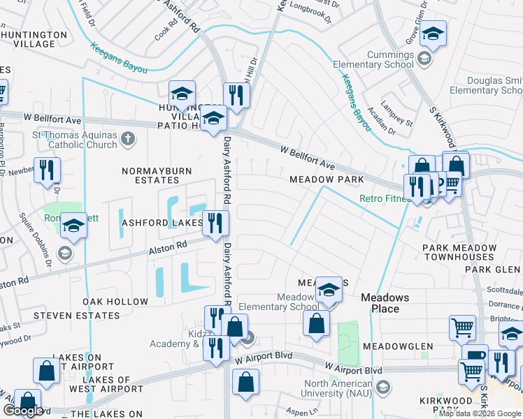 map of restaurants, bars, coffee shops, grocery stores, and more near 12226 Meadowdale Drive in Stafford