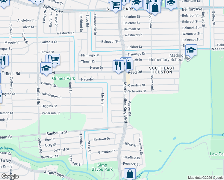 map of restaurants, bars, coffee shops, grocery stores, and more near 5607 Schevers Street in Houston