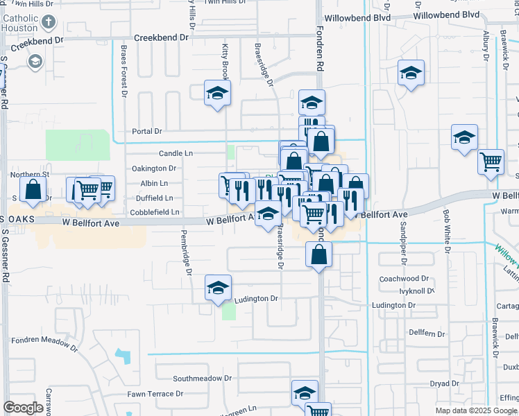 map of restaurants, bars, coffee shops, grocery stores, and more near 7730 West Bellfort Avenue in Houston