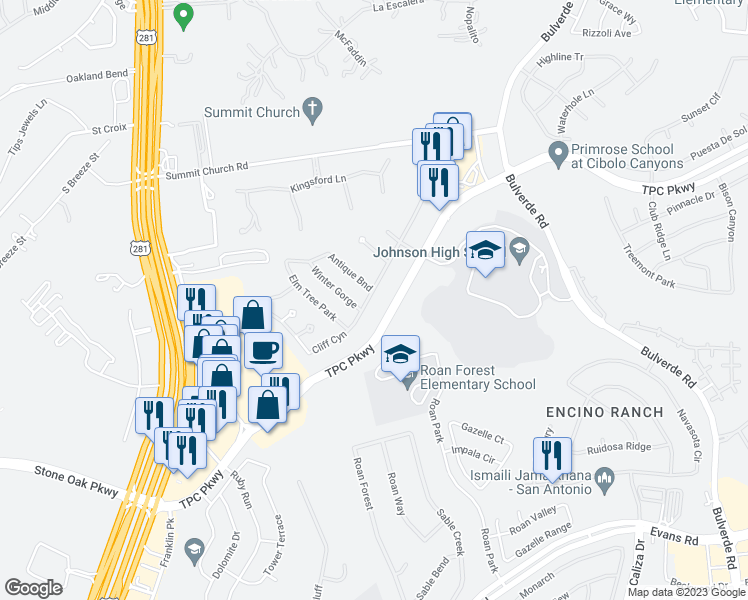 map of restaurants, bars, coffee shops, grocery stores, and more near 23214 Woodlawn Ridge in San Antonio