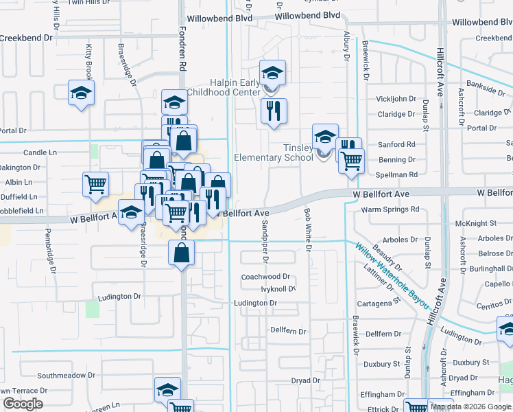 map of restaurants, bars, coffee shops, grocery stores, and more near 6400 West Bellfort Boulevard in Houston