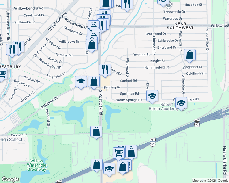 map of restaurants, bars, coffee shops, grocery stores, and more near 4826 Spellman Road in Houston