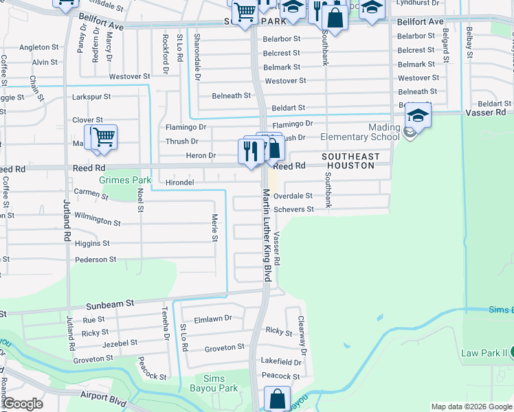 map of restaurants, bars, coffee shops, grocery stores, and more near 5635 Schevers St in Houston