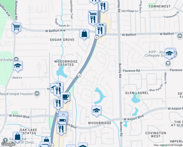 map of restaurants, bars, coffee shops, grocery stores, and more near 14910 Rock Mill Ln in Sugar Land