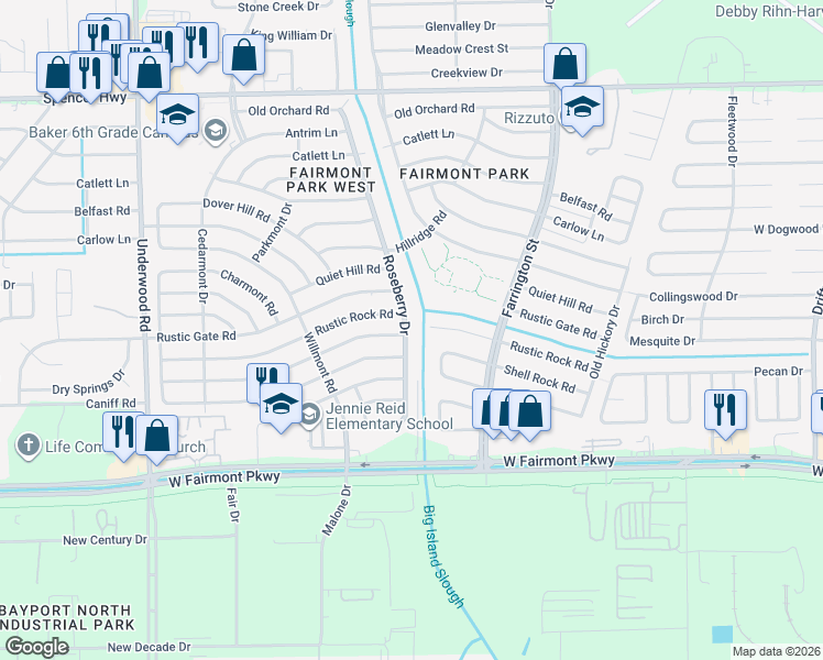 map of restaurants, bars, coffee shops, grocery stores, and more near 3635 Roseberry Drive in La Porte