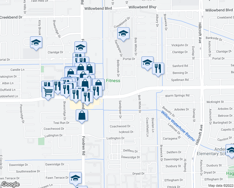 map of restaurants, bars, coffee shops, grocery stores, and more near 6400 West Bellfort Street in Houston
