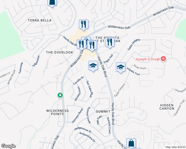 map of restaurants, bars, coffee shops, grocery stores, and more near 23103 Hardy Oak Boulevard in San Antonio