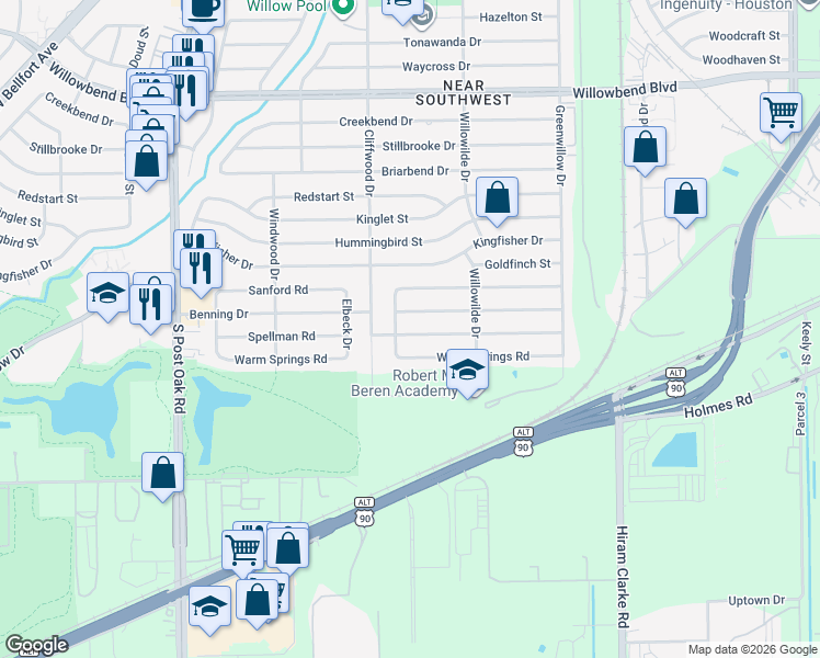 map of restaurants, bars, coffee shops, grocery stores, and more near 11206 Huggins Drive in Houston