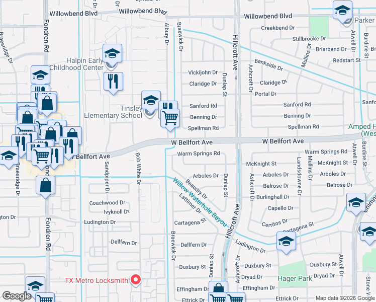 map of restaurants, bars, coffee shops, grocery stores, and more near 6018 Warm Springs Road in Houston