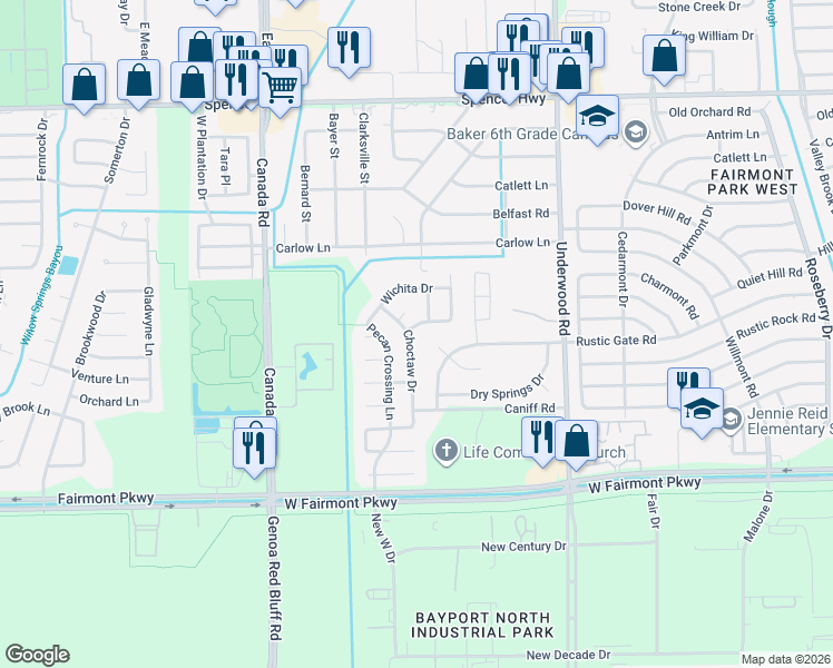 map of restaurants, bars, coffee shops, grocery stores, and more near 3601 Choctaw Drive in La Porte