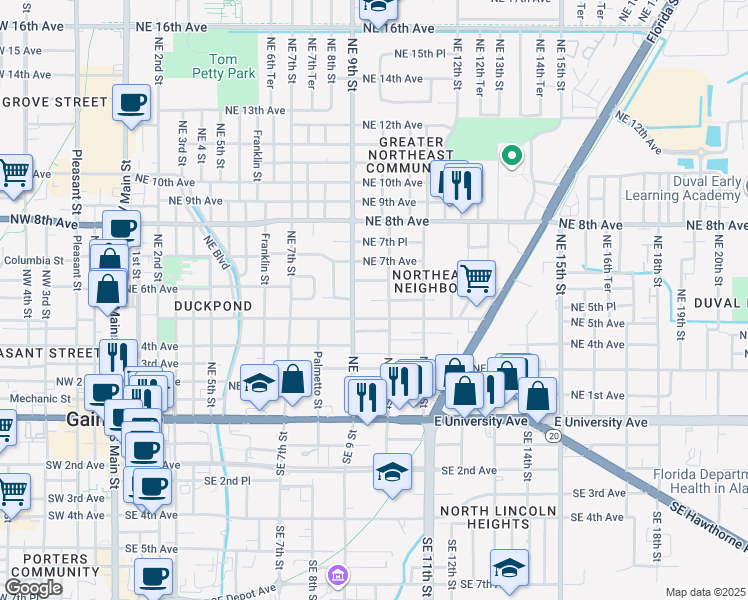 map of restaurants, bars, coffee shops, grocery stores, and more near 922 Northeast 5th Place in Gainesville