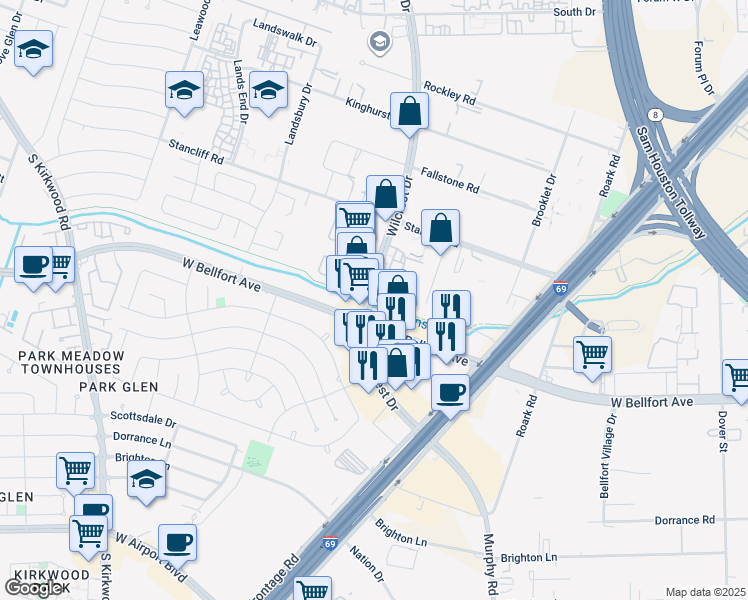 map of restaurants, bars, coffee shops, grocery stores, and more near 20 Keegans Bayou Trail in Houston