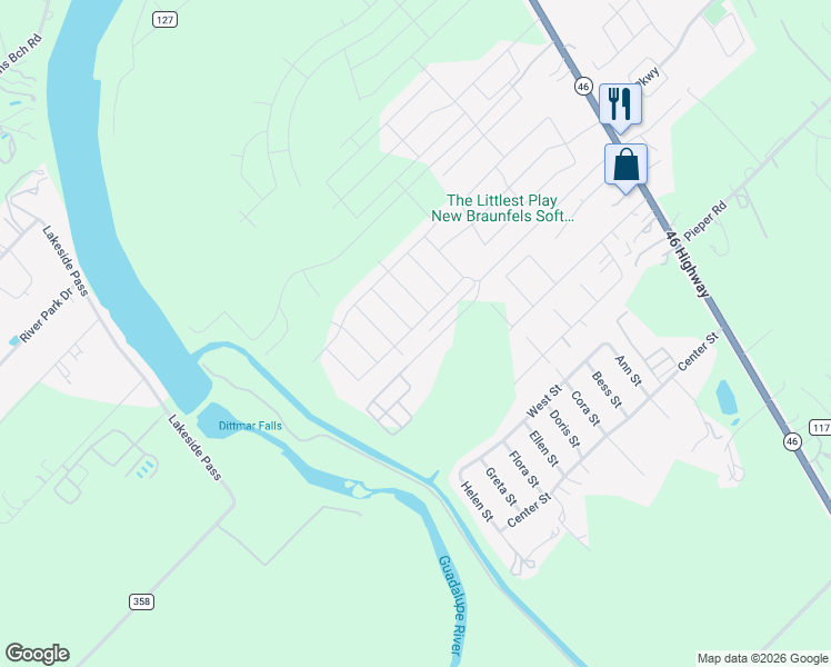 map of restaurants, bars, coffee shops, grocery stores, and more near 427 Autumn Blaze in New Braunfels