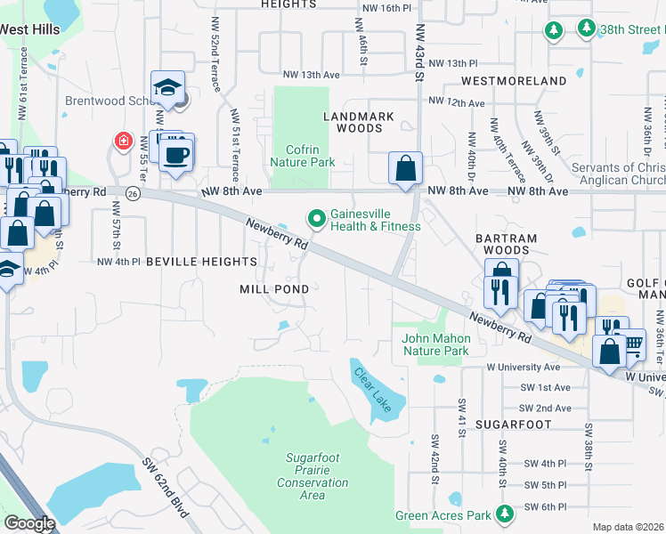 map of restaurants, bars, coffee shops, grocery stores, and more near 429 Northwest 48th Boulevard in Gainesville