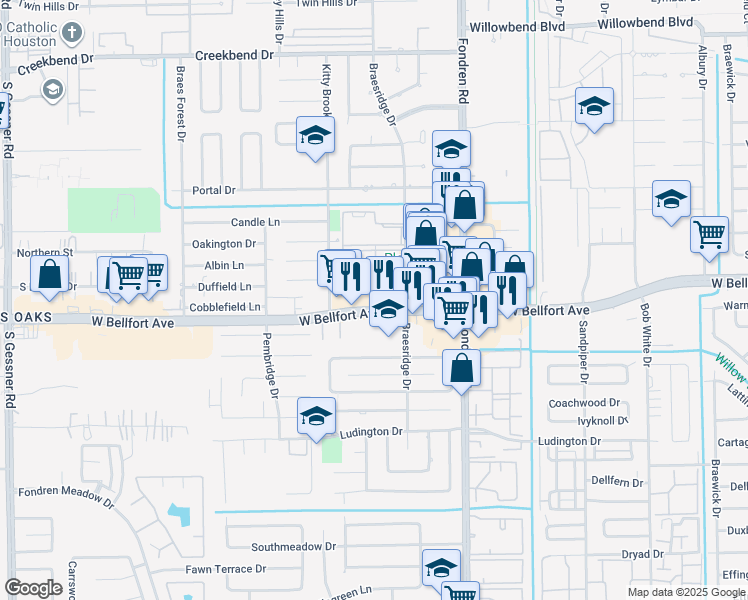 map of restaurants, bars, coffee shops, grocery stores, and more near 7730 West Bellfort Avenue in Houston