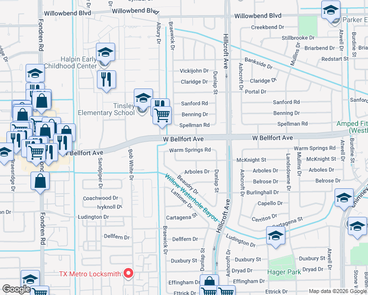 map of restaurants, bars, coffee shops, grocery stores, and more near 6018 Warm Springs Road in Houston
