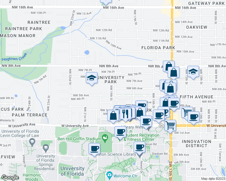 map of restaurants, bars, coffee shops, grocery stores, and more near 519 Northwest 19th Street in Gainesville