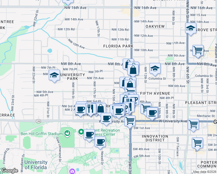 map of restaurants, bars, coffee shops, grocery stores, and more near 1523 NW 6th Ave in Gainesville