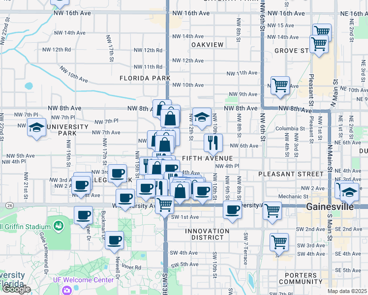 map of restaurants, bars, coffee shops, grocery stores, and more near 1019 Northwest 5th Avenue in Gainesville