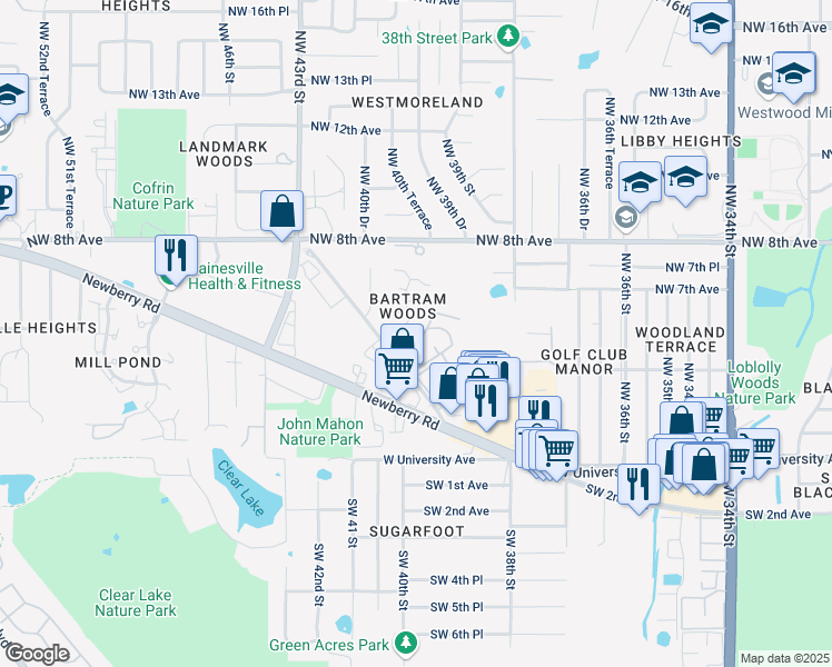 map of restaurants, bars, coffee shops, grocery stores, and more near 553 Northwest 39th Drive in Gainesville