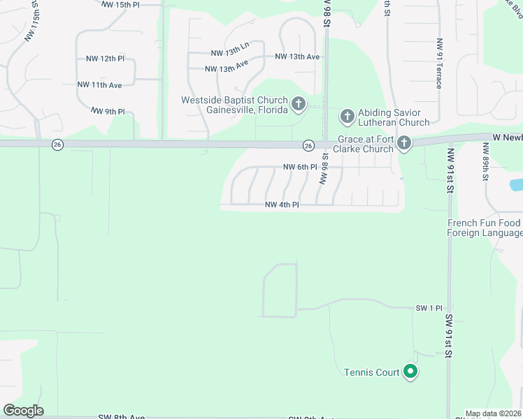 map of restaurants, bars, coffee shops, grocery stores, and more near 10123 Northwest 4 Place in Gainesville