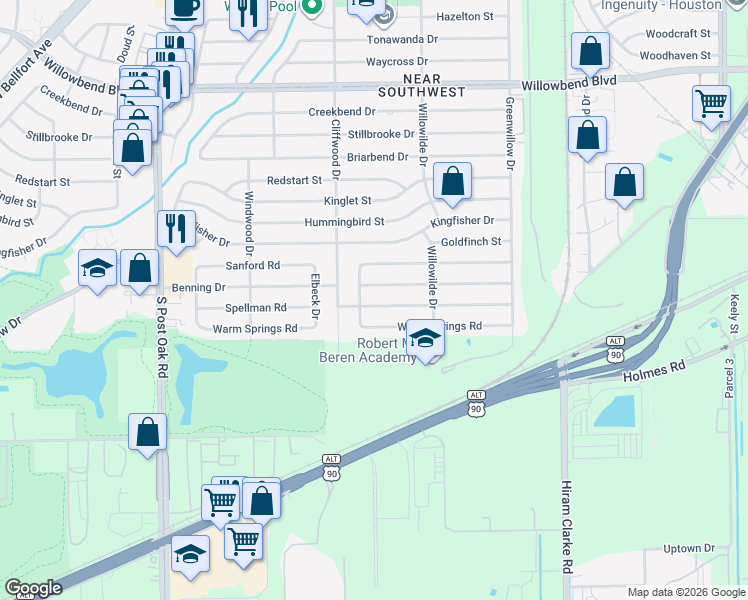 map of restaurants, bars, coffee shops, grocery stores, and more near 4534 Spellman Road in Houston