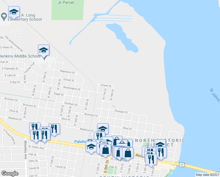 map of restaurants, bars, coffee shops, grocery stores, and more near 1003 Ocean Street in Palatka