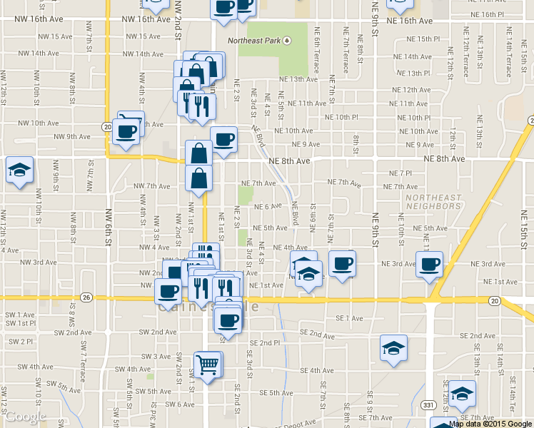 map of restaurants, bars, coffee shops, grocery stores, and more near 525 Northeast 4 Street in Gainesville
