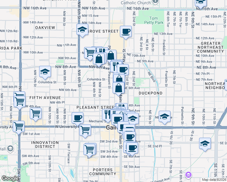 map of restaurants, bars, coffee shops, grocery stores, and more near 524 Northwest 1st Street in Gainesville