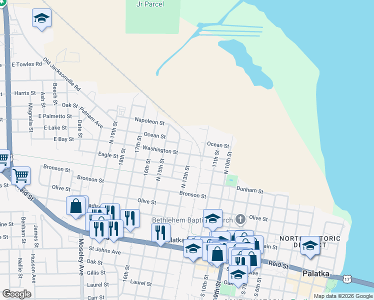 map of restaurants, bars, coffee shops, grocery stores, and more near 1306 Washington Street in Palatka